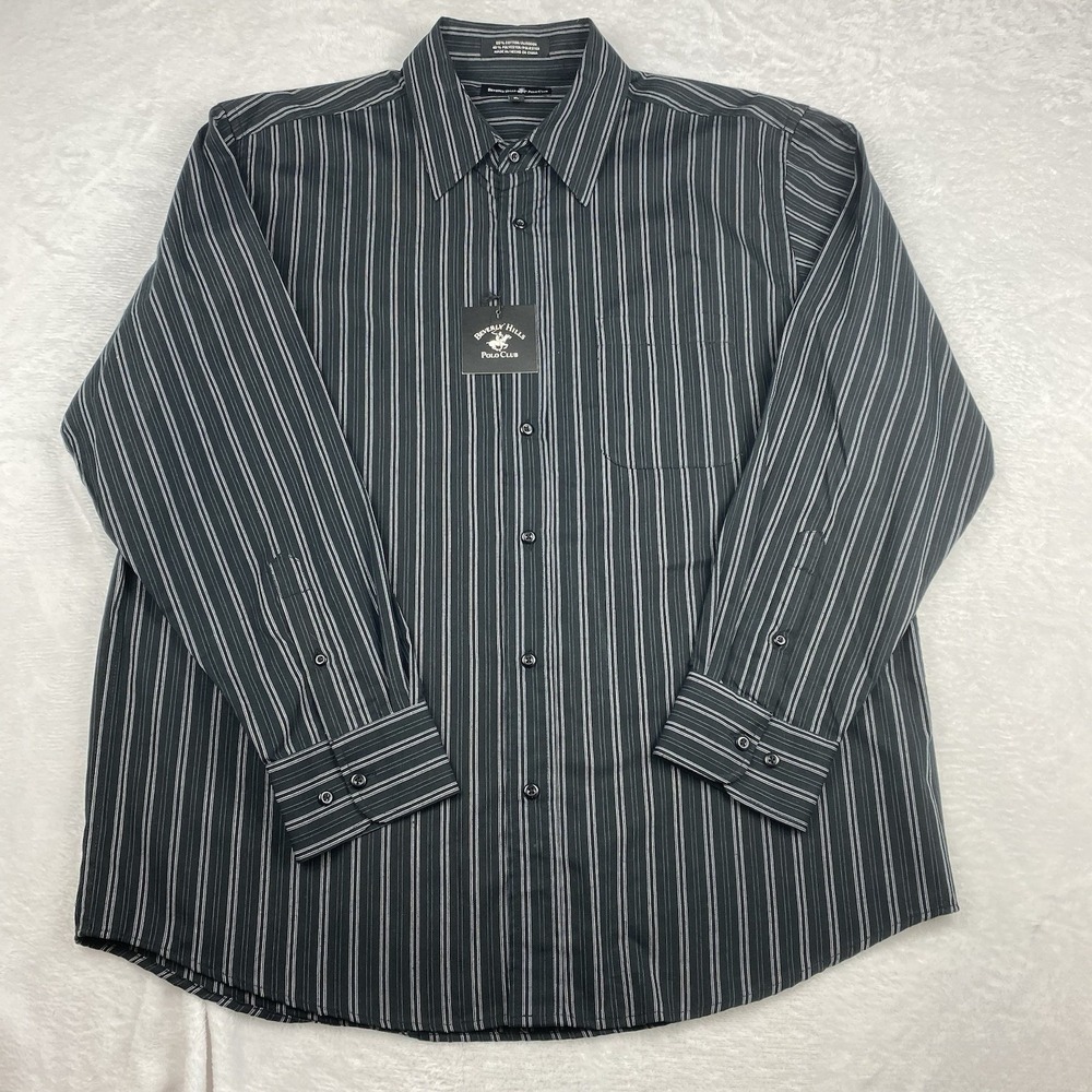 Beverly Hills Polo Club Dress Shirt Mens XL Black/Gray Stripes Long Sleeves